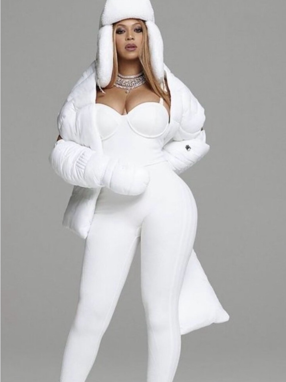 Adidas ivy park All-White Sculpted Jumpsuit with Puffer Coat & Trapper Hat